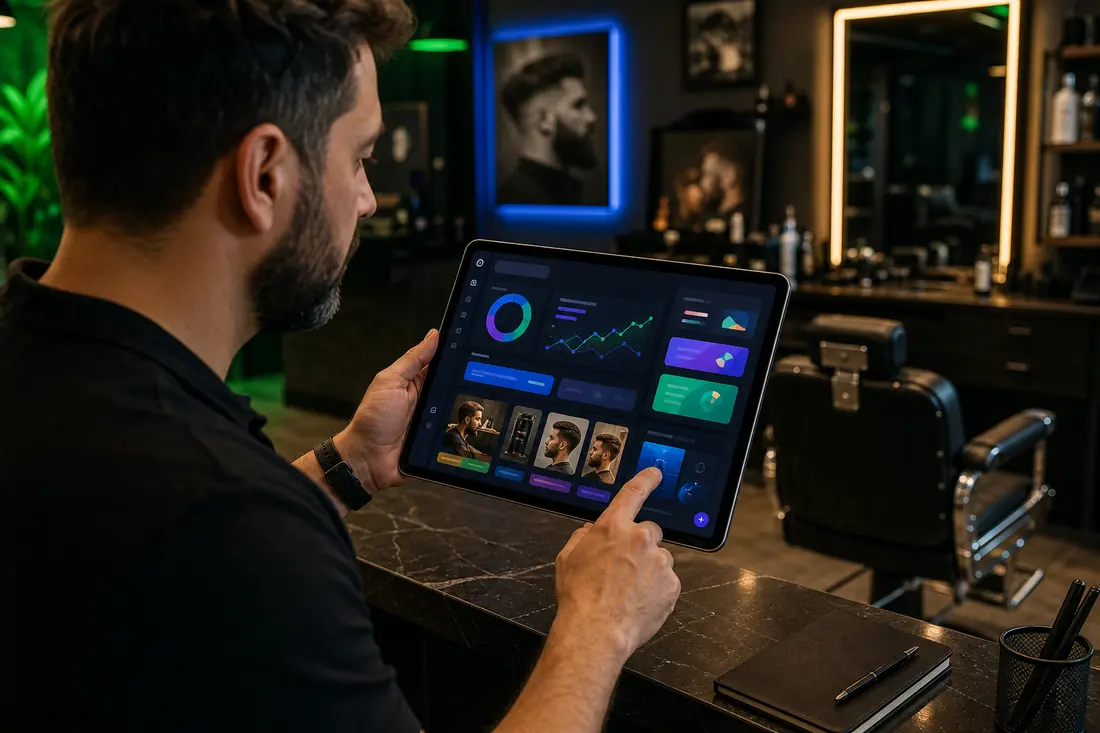 Barbeiro usando tablet com dashboard