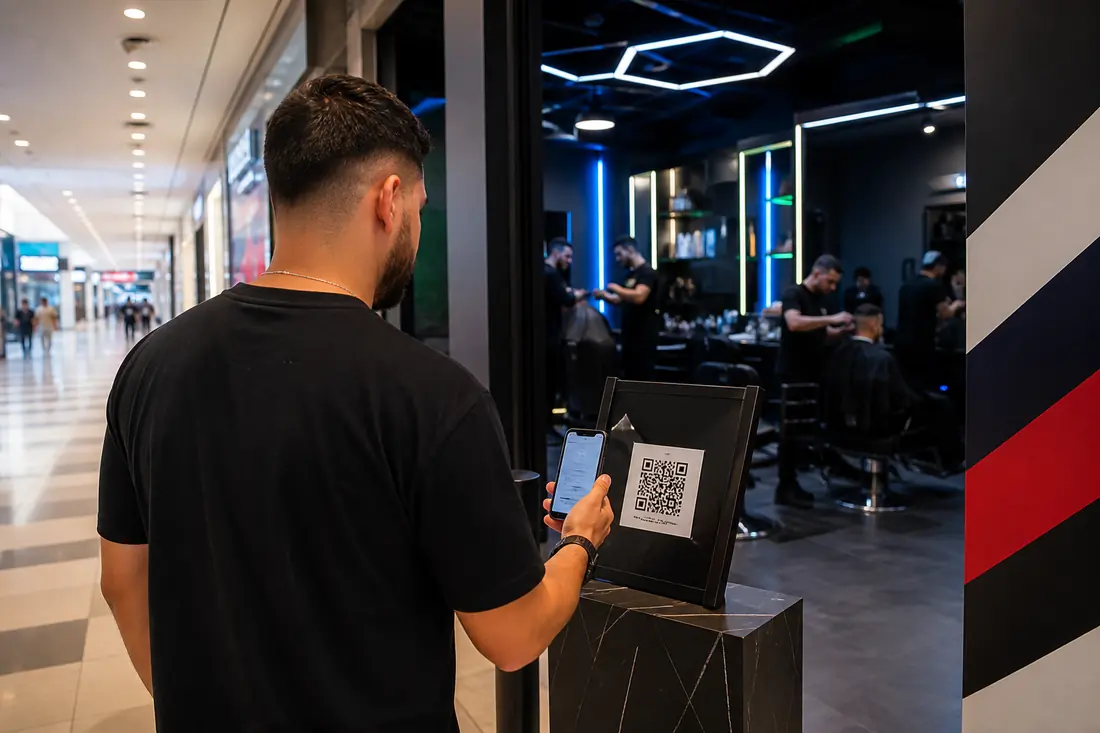 Cliente escaneando QR Code na entrada da barbearia